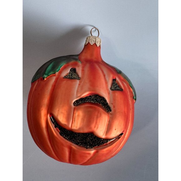 Blown Glass Smiley Pumpkin Ornament 5" x 4" Halloween & Autumn Decor - Picture 3 of 6